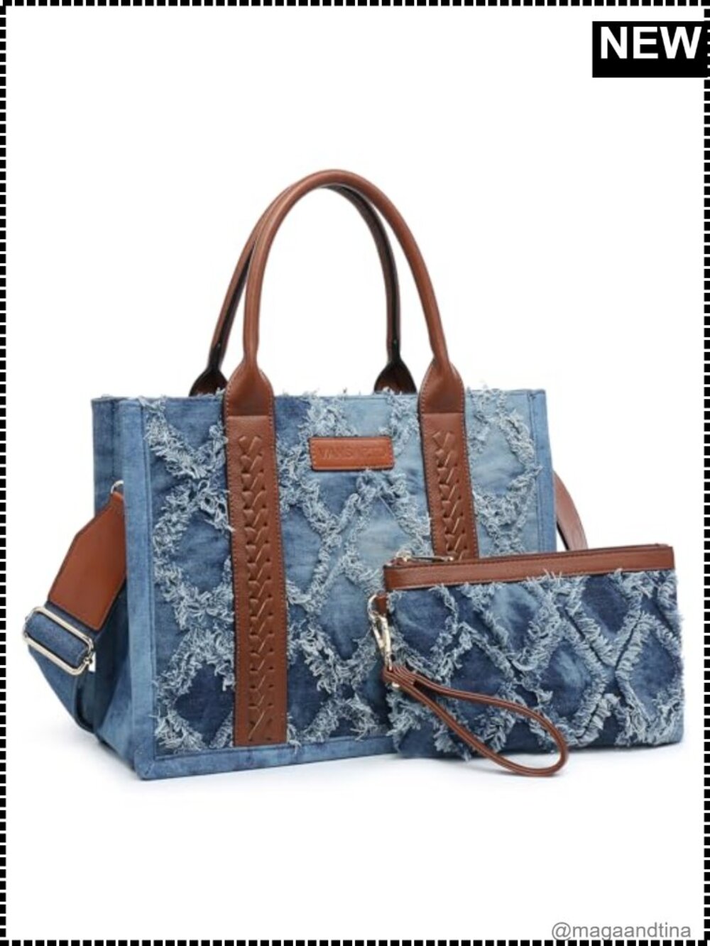 Denim Tote Bag Quilted Diamond Vegan Leather Satchel with Wristlet